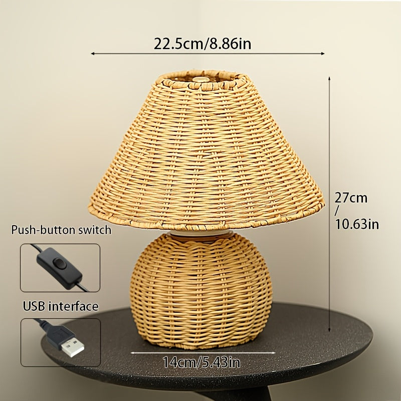 Handwoven Bamboo Desk Lamp – USB-Powered Boho Rattan Table Light with Natural Woven Shade for Bedroom & Reading Corner