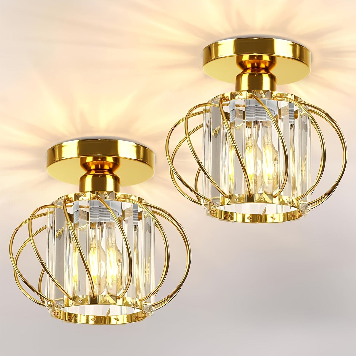 Modern Industrial Glass Cage Ceiling Light Set of 2 – Clear Glass Semi-Flush Mount in Black, Gold or Silver for Kitchen & Hallway