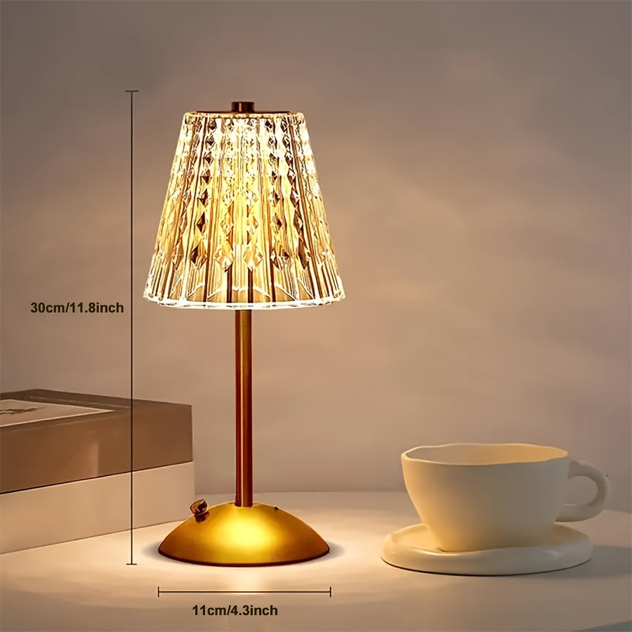 Elegant Crystal Touch Table Lamp – USB Rechargeable Cordless Faceted Shade Lamp with 3-Color Touch Dimming