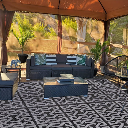 Reversible Outdoor Rug – Modern Black & Grey Geometric Weather-Resistant Polypropylene Patio Mat, 3 Large Sizes