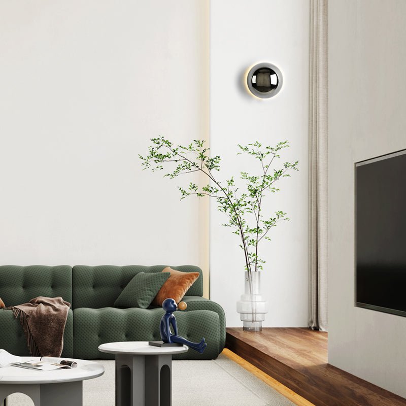 Bauhaus Eclipse Halo Wall Lamp – Round Iron & Glass Backlit Wall Sconce in Black, Gold or Chrome, 10 or 15 cm