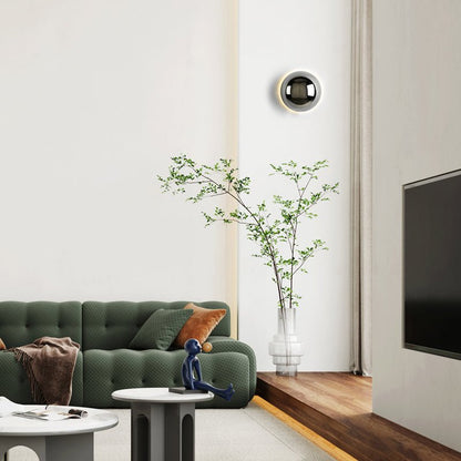 Bauhaus Eclipse Halo Wall Lamp – Round Iron & Glass Backlit Wall Sconce in Black, Gold or Chrome, 10 or 15 cm