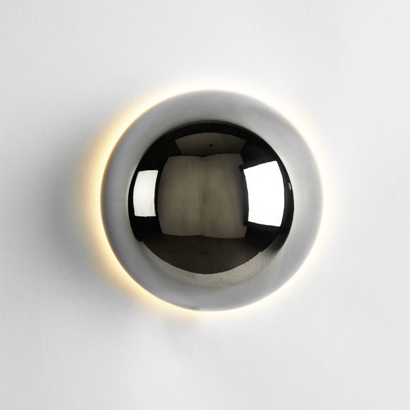 Bauhaus Eclipse Halo Wall Lamp – Round Iron & Glass Backlit Wall Sconce in Black, Gold or Chrome, 10 or 15 cm