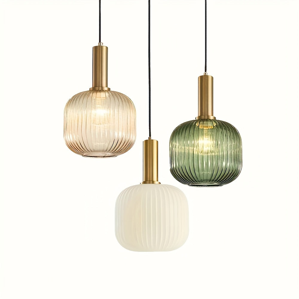 Modern Ribbed Glass Pendant Light – Striped Glass Shade with Polished Brass Finish, Kitchen Island & Dining Hanging Lamp