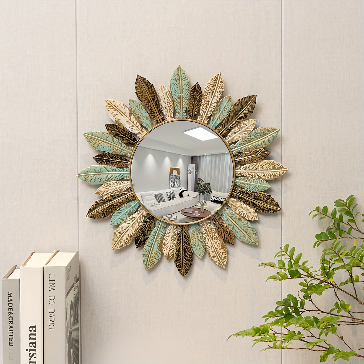 Bohemian Sunburst Wall Mirror – Teal & Gold Metal Leaf Decorative Round Mirror for Living Room & Entryway