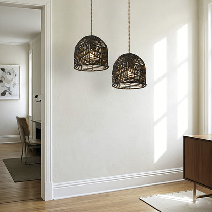 Handwoven Rope Dome Pendant Light Shade – Rustic Farmhouse Coastal Woven Lampshade Chandelier in White, Brown or Black