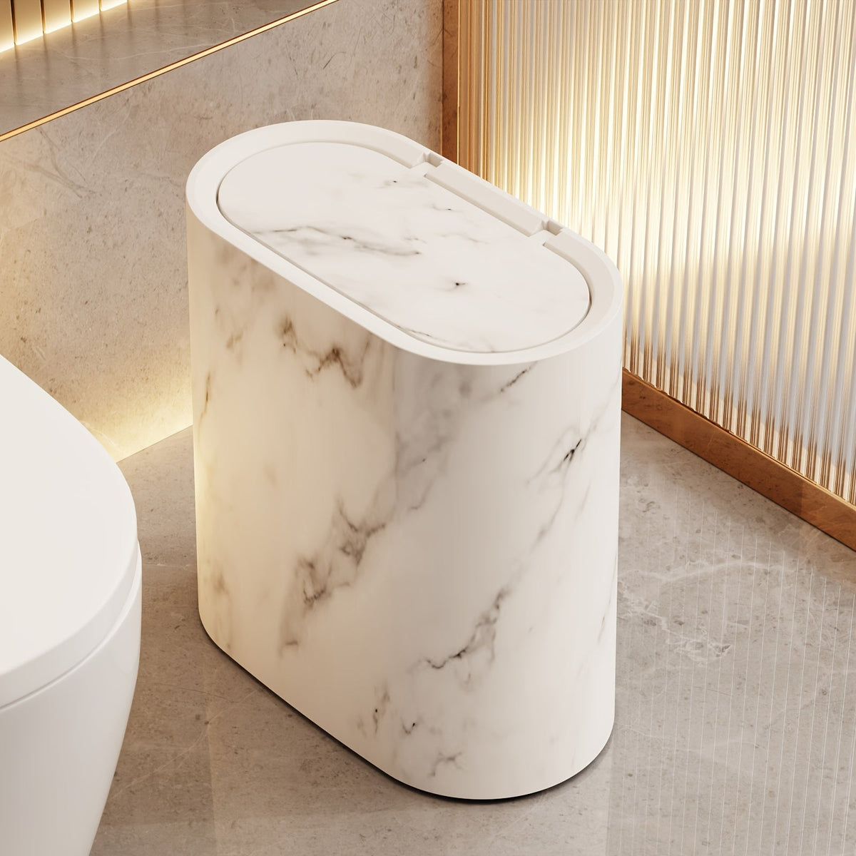 Marble Pattern Lidded Trash Can – Compact Oval Bathroom & Kitchen Waste Bin, 29 x 29 x 14.5 cm, Easy-Clean Plastic