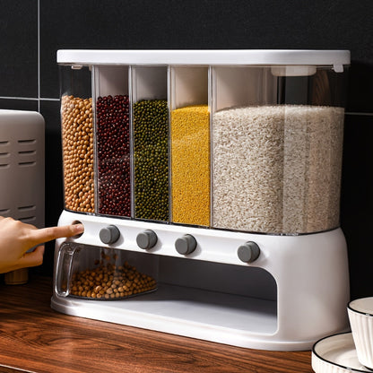 5-Compartment Airtight Grain Storage Container – Kitchen Pantry Organizer Dispenser for Rice, Beans, Cereal & Pasta with Flip Lid