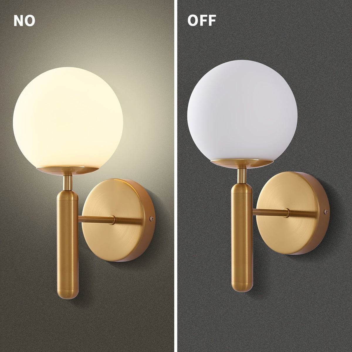 Modern Frosted Ivory Glass Globe Wall Sconce – Polished Metal Bedroom & Vanity Wall Light in Black or Gold