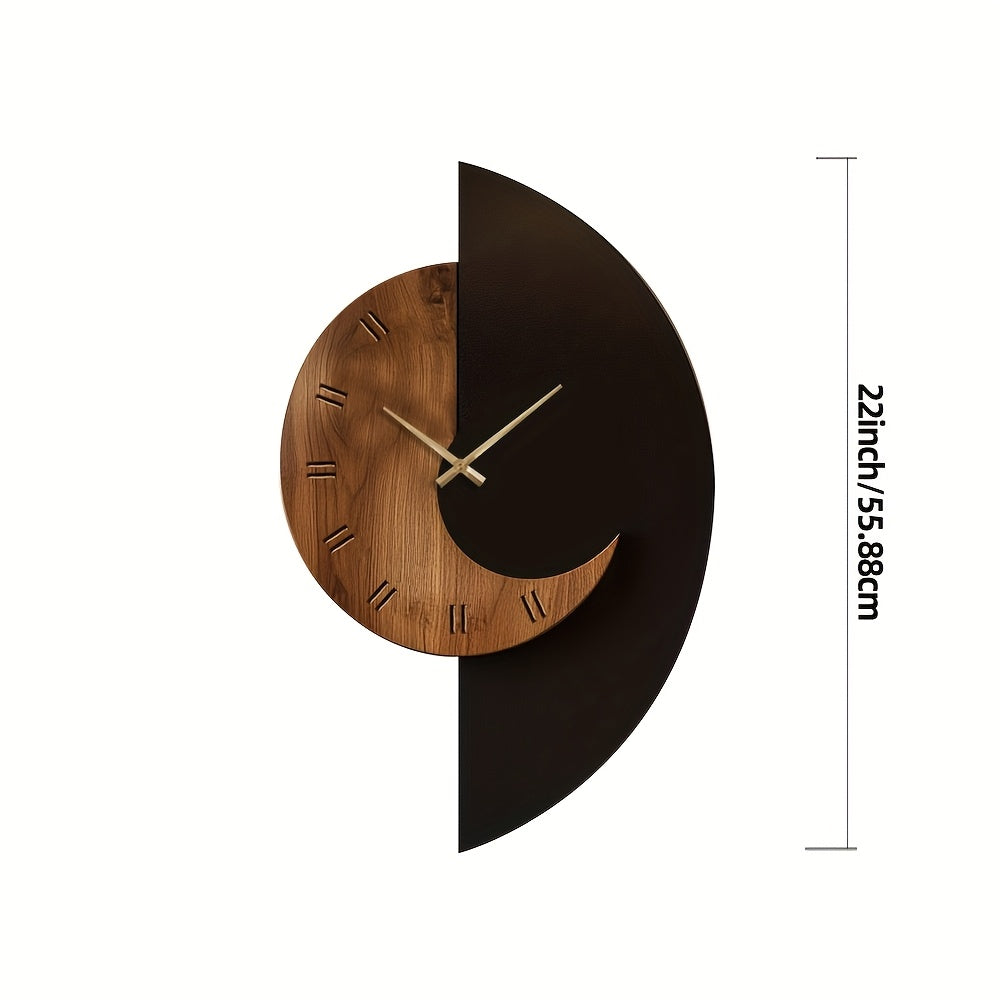 Modern Half-Moon Wooden Wall Clock – Silent Battery Operated Natural Wood & Black Clock, 17 to 22 Inch Statement Decor