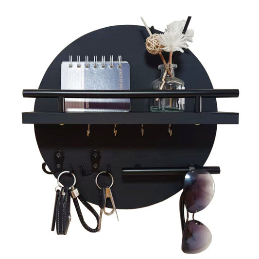 Round Wooden Wall Key Holder with Shelf – Eco-Friendly Entryway Organizer with Hooks for Keys, Mail & Sunglasses