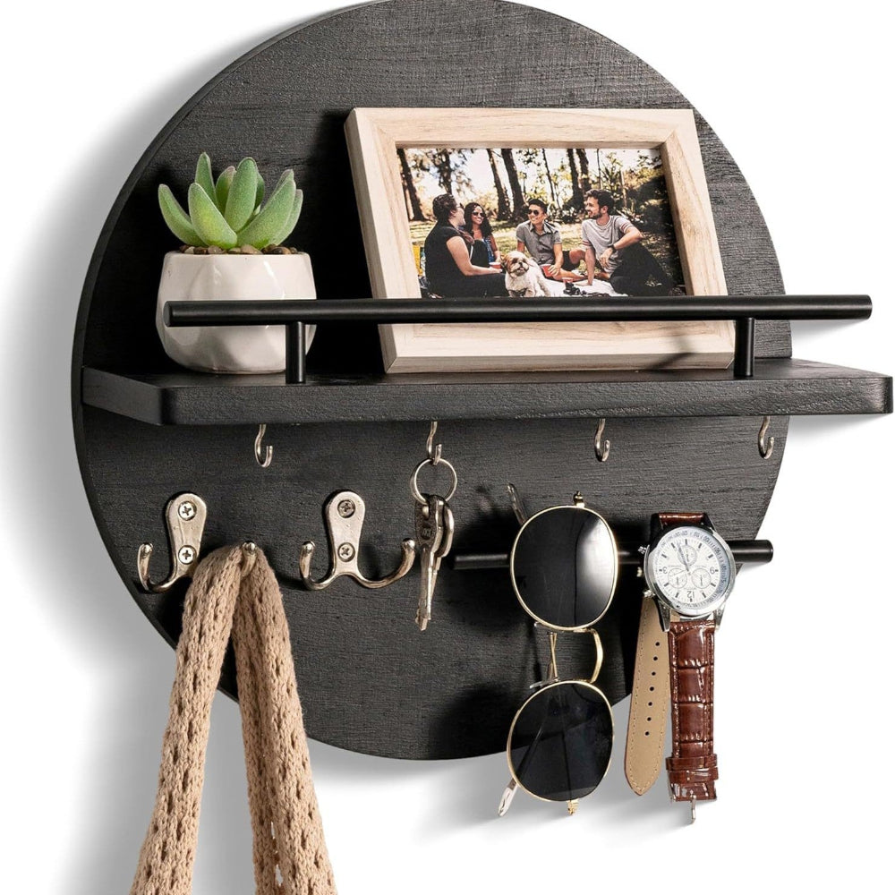 Round Wooden Wall Key Holder with Shelf – Eco-Friendly Entryway Organizer with Hooks for Keys, Mail & Sunglasses