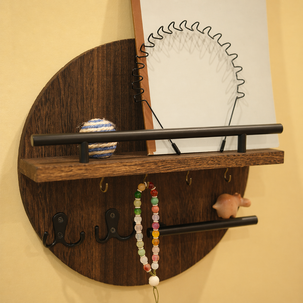 Round Wooden Wall Key Holder with Shelf – Eco-Friendly Entryway Organizer with Hooks for Keys, Mail & Sunglasses