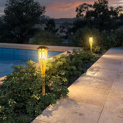 Solar Bamboo Flame Torch Lanterns 2-Pack – 12-LED Flickering Flame Outdoor Garden Lights, Auto On Dusk to Dawn, Tiki Style