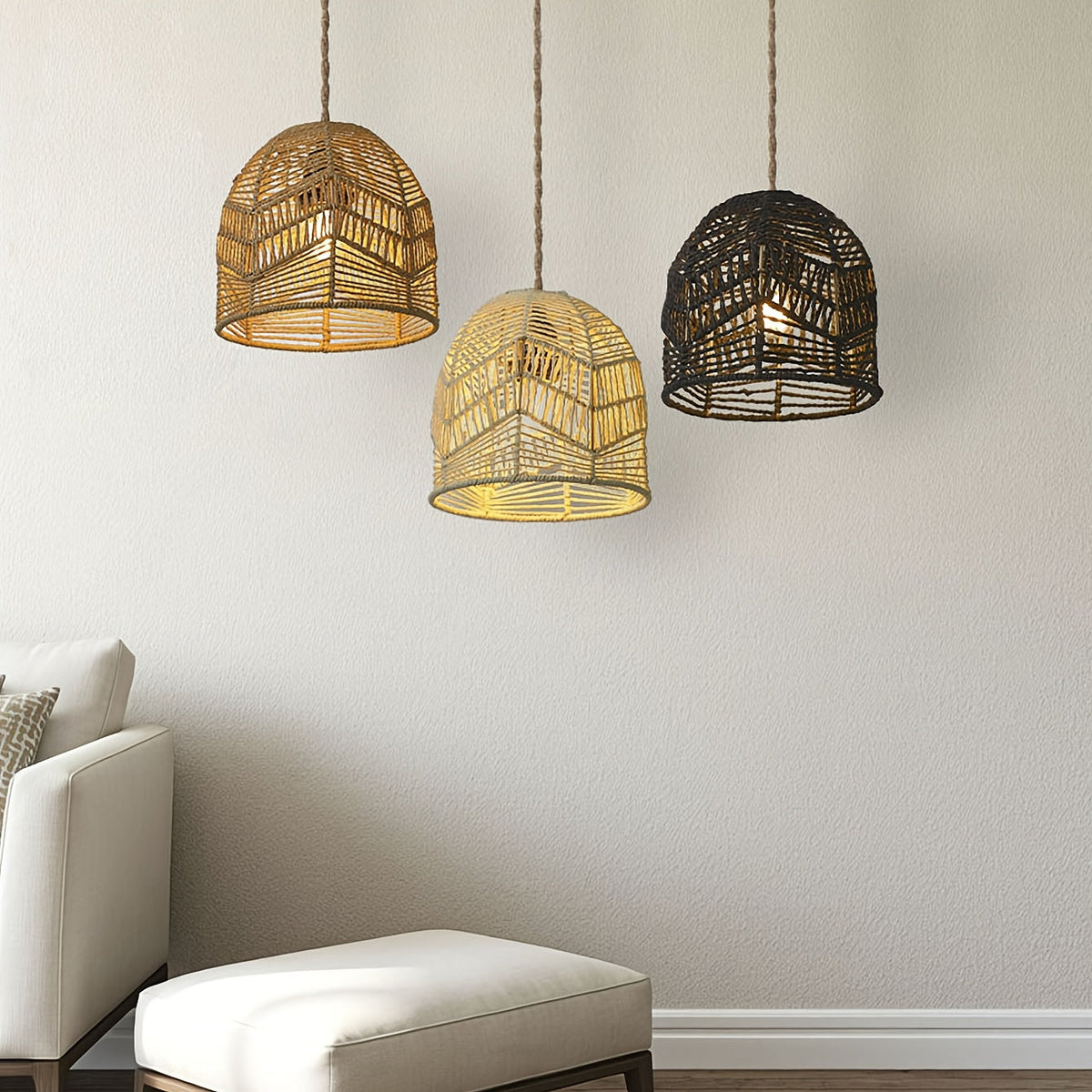 Handwoven Rope Dome Pendant Light Shade – Rustic Farmhouse Coastal Woven Lampshade Chandelier in White, Brown or Black