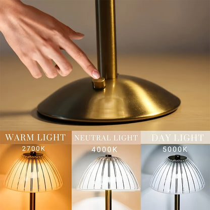 Golden Touch Rechargeable Table Lamp – Cordless Ribbed Acrylic Crystal-Style LED Lamp with 3 Light Modes for Bedside & Dining