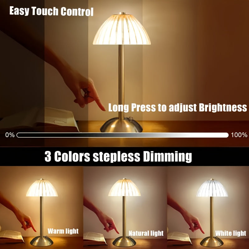 Golden Touch Rechargeable Table Lamp – Cordless Ribbed Acrylic Crystal-Style LED Lamp with 3 Light Modes for Bedside & Dining