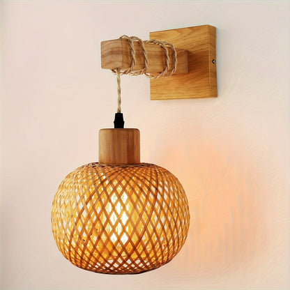Rustic Handwoven Rattan & Solid Wood Wall Sconce – Natural Boho Wall Light Fixture for Bedroom, Hallway & Dining Room