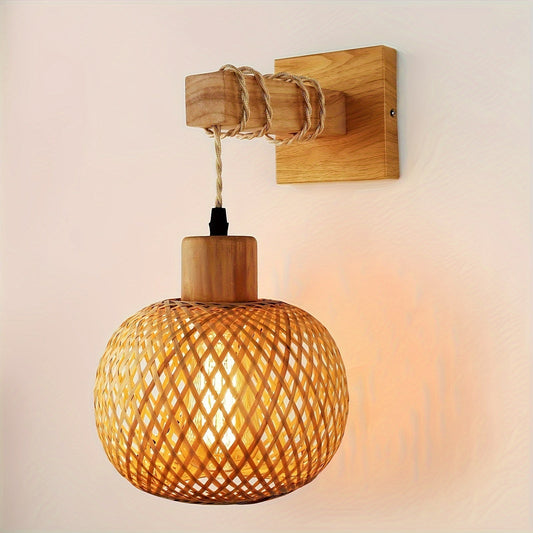 Rustic Handwoven Rattan & Solid Wood Wall Sconce – Natural Boho Wall Light Fixture for Bedroom, Hallway & Dining Room