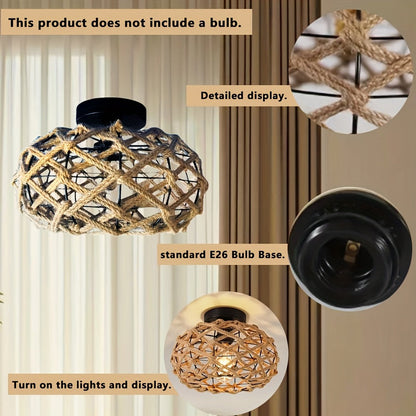 Bohemian Handwoven Hemp Rope Ceiling Light – Rustic Flush Mount Fixture with Patterned Shadows for Bedroom & Living Room