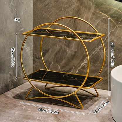 2-Tier Bathroom Organizer with Cat-Ear Base – Metal & Marble-Look Cosmetic, Perfume and Skincare Storage Shelf for Vanity