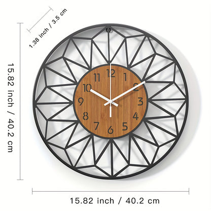Modern Black Metal & Wood-Grain Wall Clock – Silent Non-Ticking Round Clock in 30, 34 or 40 cm for Living Room & Office