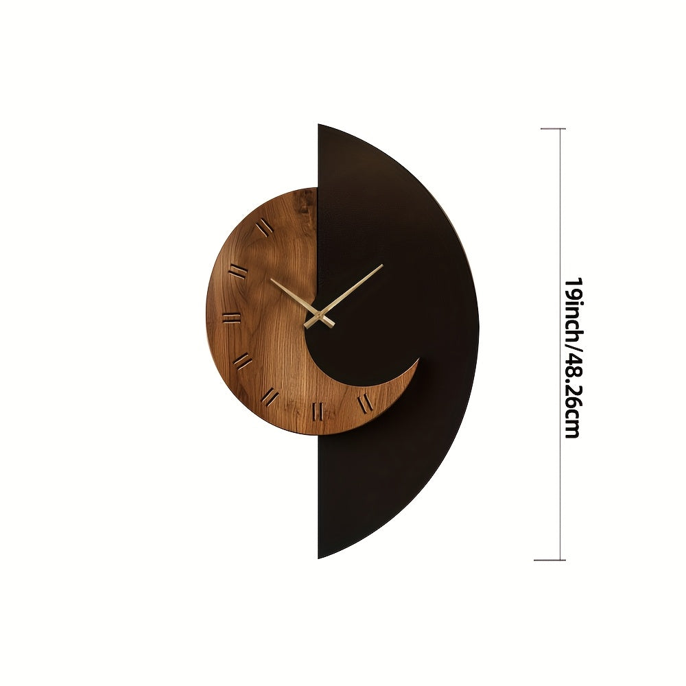 Modern Half-Moon Wooden Wall Clock – Silent Battery Operated Natural Wood & Black Clock, 17 to 22 Inch Statement Decor