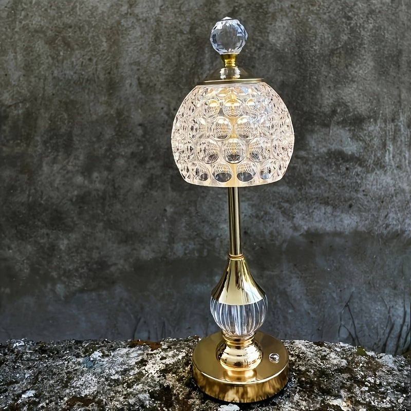 Crystal Touch LED Table Lamp – USB-Powered Dimmable Bedside Light with Gold Base, Elegant Luxury Accent Lamp