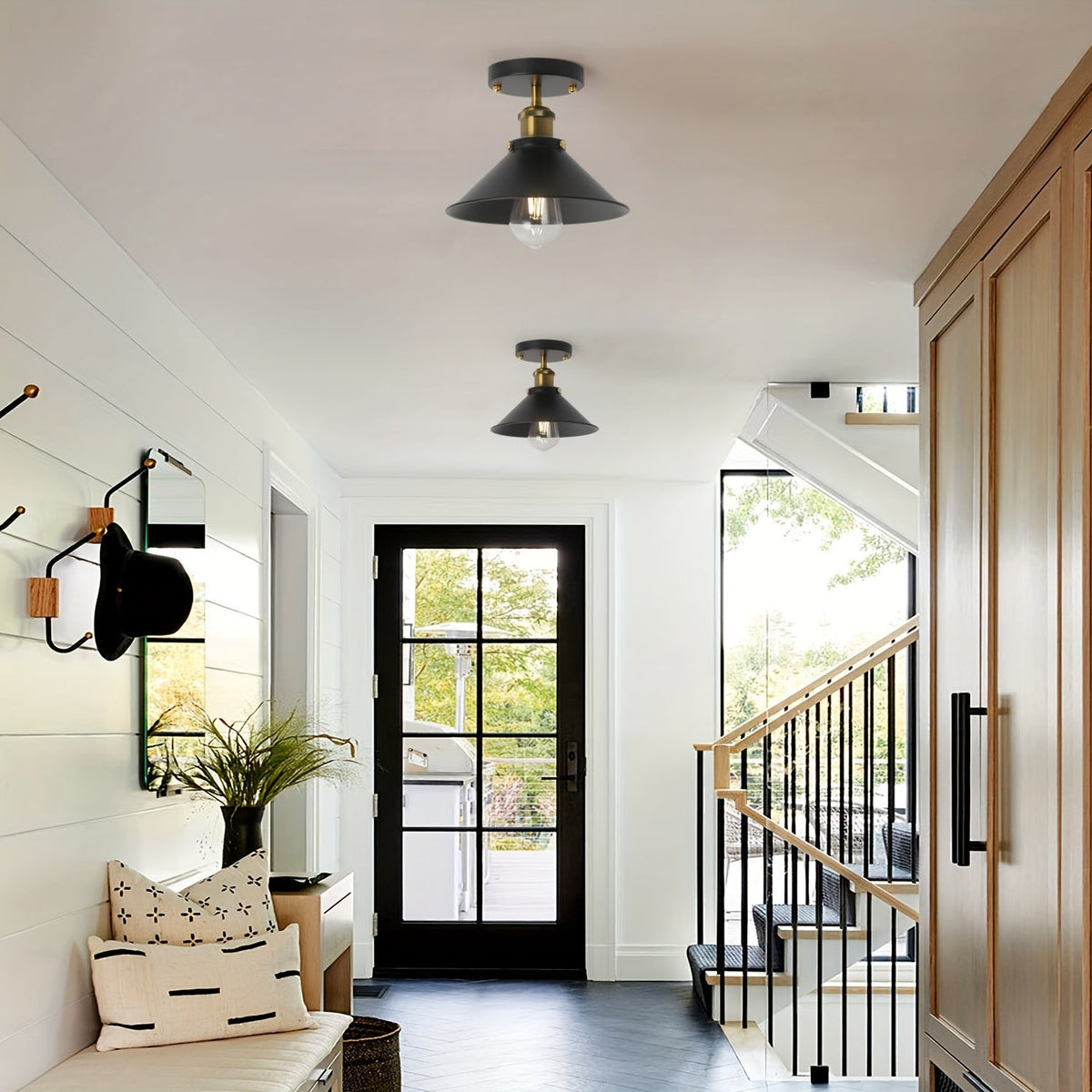 Industrial Black Semi-Flush Mount Ceiling Light – Vintage Matte Metal Fixture with Brass Details for Dining, Hallway & Cafe
