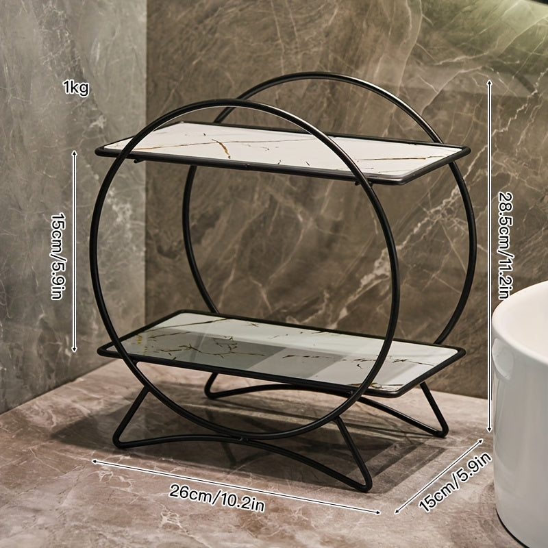 2-Tier Bathroom Organizer with Cat-Ear Base – Metal & Marble-Look Cosmetic, Perfume and Skincare Storage Shelf for Vanity