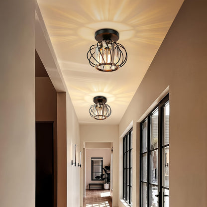 Modern Industrial Glass Cage Ceiling Light Set of 2 – Clear Glass Semi-Flush Mount in Black, Gold or Silver for Kitchen & Hallway