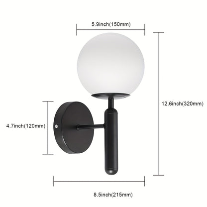 Modern Frosted Ivory Glass Globe Wall Sconce – Polished Metal Bedroom & Vanity Wall Light in Black or Gold