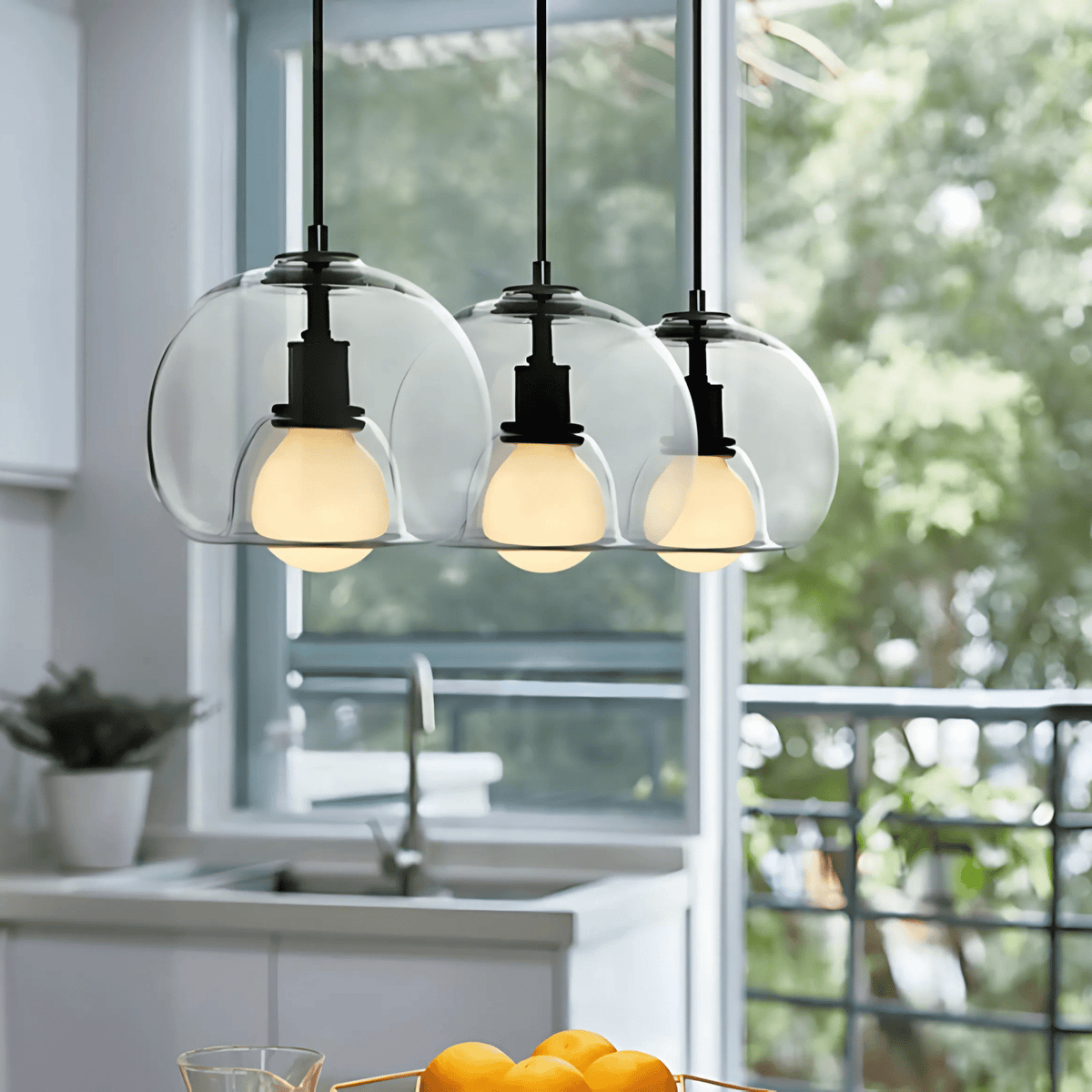 Clyde Handblown Glass Pendant Light – Modern Smoke Grey, Clear or Amber Globe Hanging Lamp for Kitchen Island & Dining