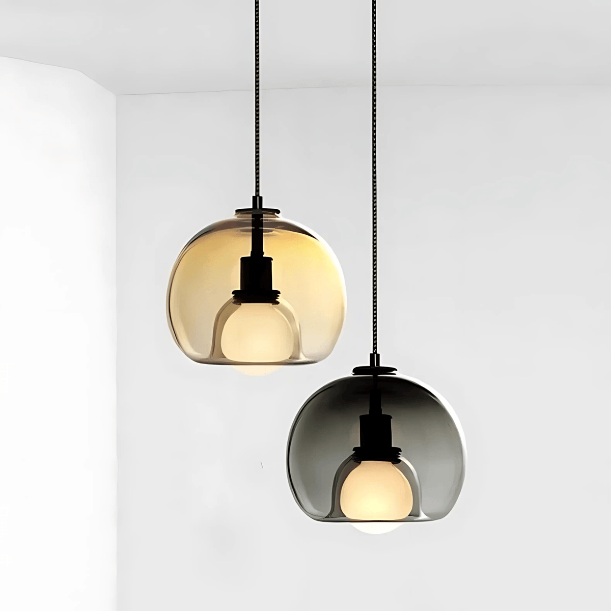 Clyde Handblown Glass Pendant Light – Modern Smoke Grey, Clear or Amber Globe Hanging Lamp for Kitchen Island & Dining