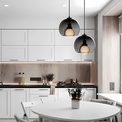 Clyde Handblown Glass Pendant Light – Modern Smoke Grey, Clear or Amber Globe Hanging Lamp for Kitchen Island & Dining