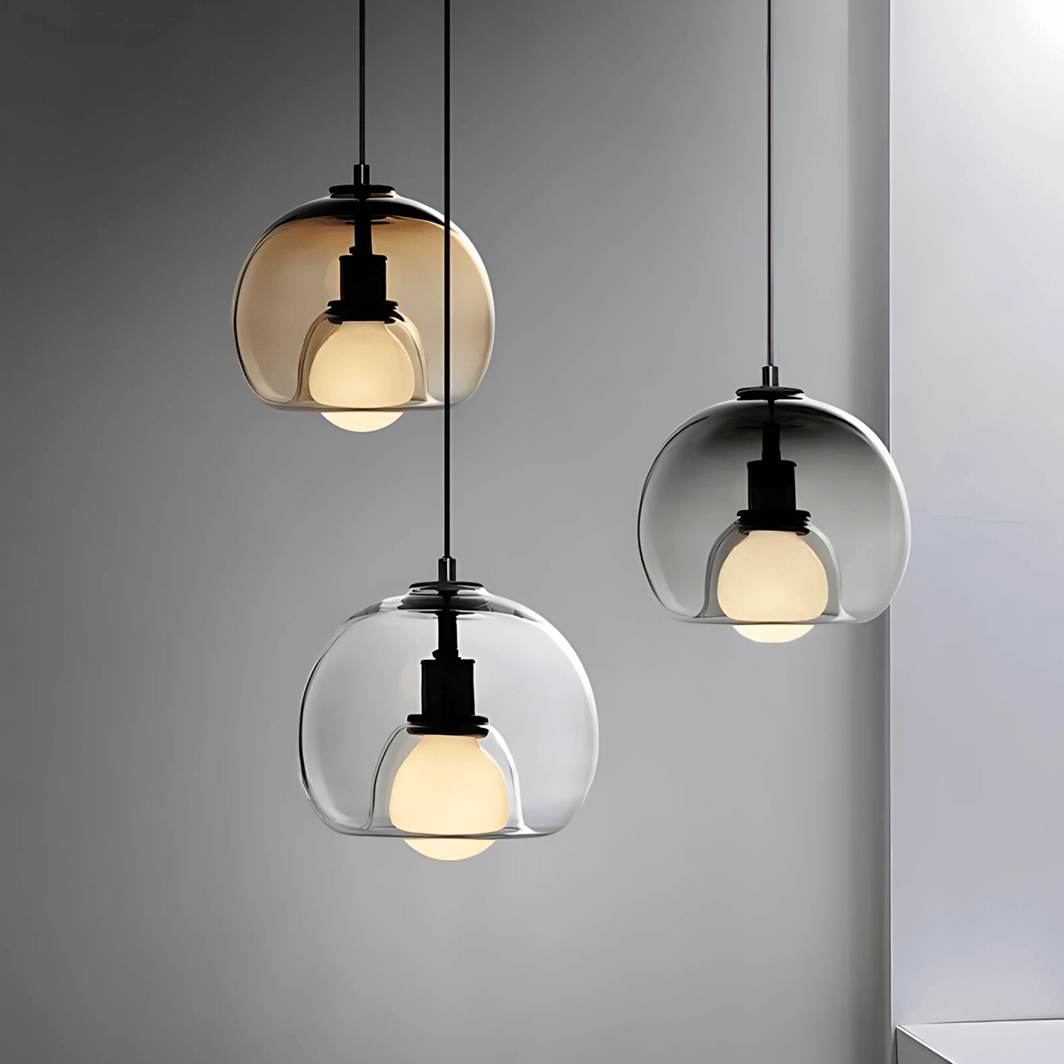 Clyde Handblown Glass Pendant Light – Modern Smoke Grey, Clear or Amber Globe Hanging Lamp for Kitchen Island & Dining