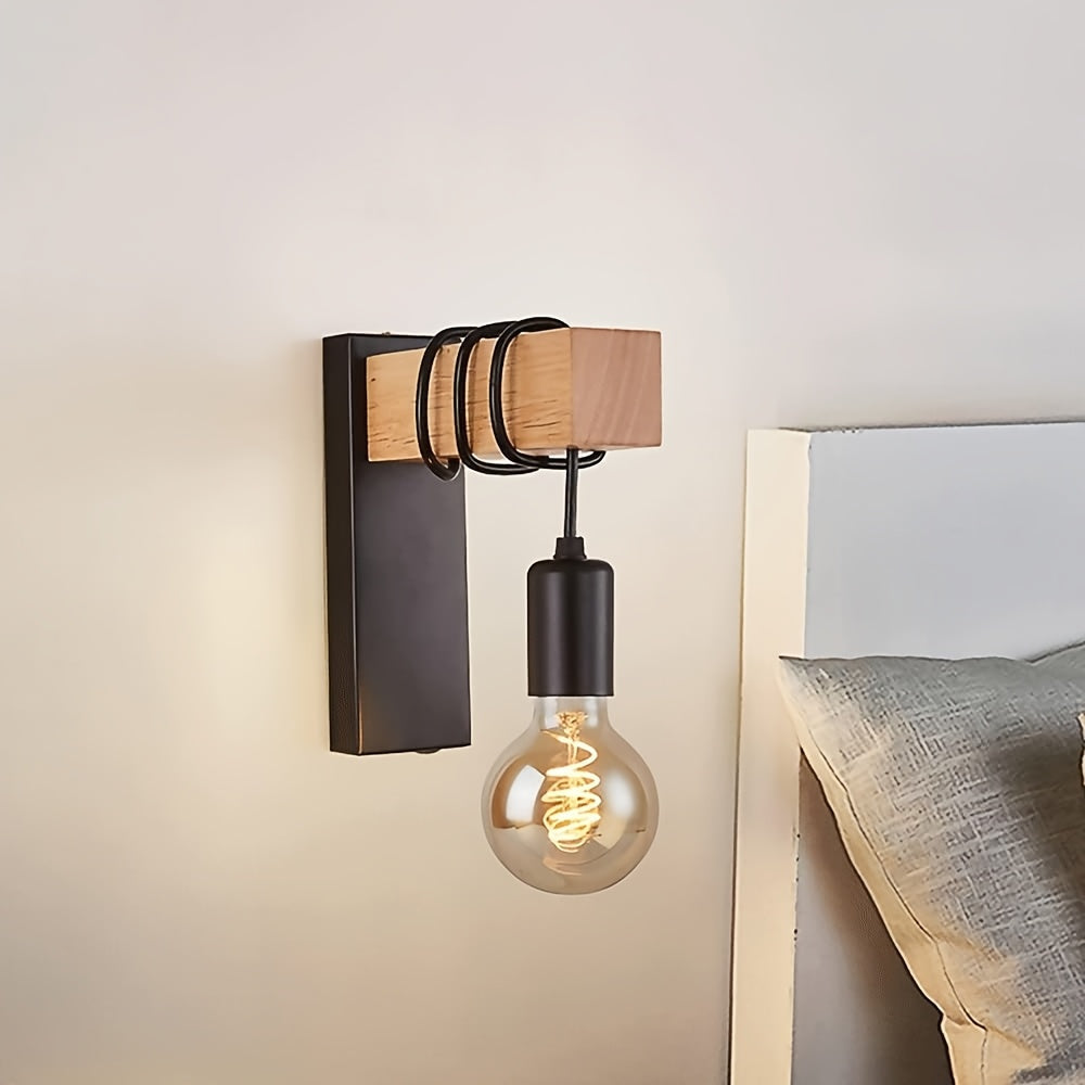Modern Industrial Wood & Metal Wall Sconce – E27 Bedside Wall Lamp in Black or White for Hallway, Stairwell & Cafe