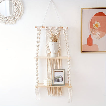 Boho Macrame Hanging Wall Shelf – 2-Tier Handwoven Cotton Rope & Wood Organizer for Plants, Books & Decor