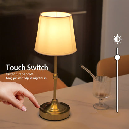 Dimmable Cordless Table Lamp – USB Rechargeable 2000mAh Brushed Metal Lamp with Fabric Shade for Bedside & Living Room