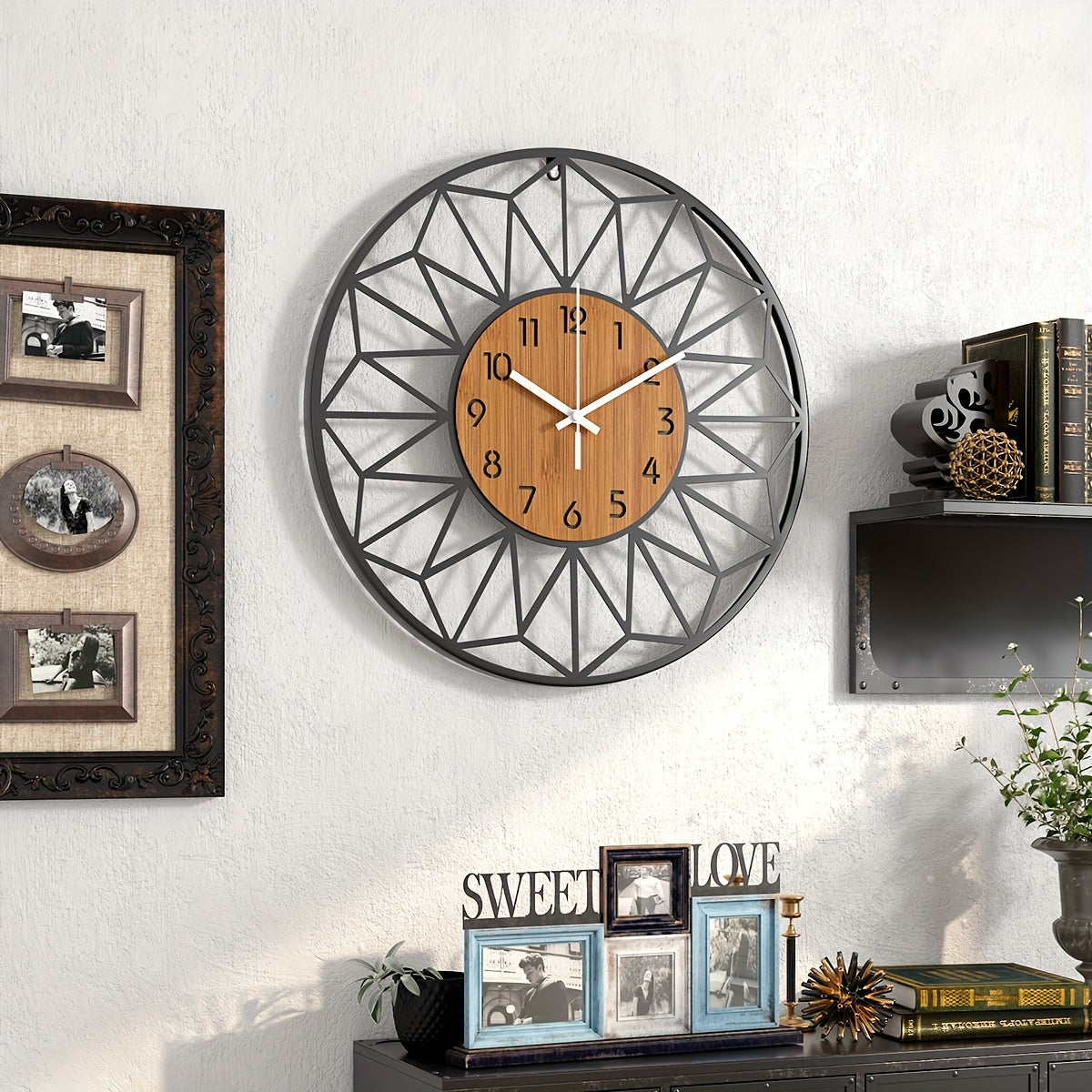 Modern Black Metal & Wood-Grain Wall Clock – Silent Non-Ticking Round Clock in 30, 34 or 40 cm for Living Room & Office