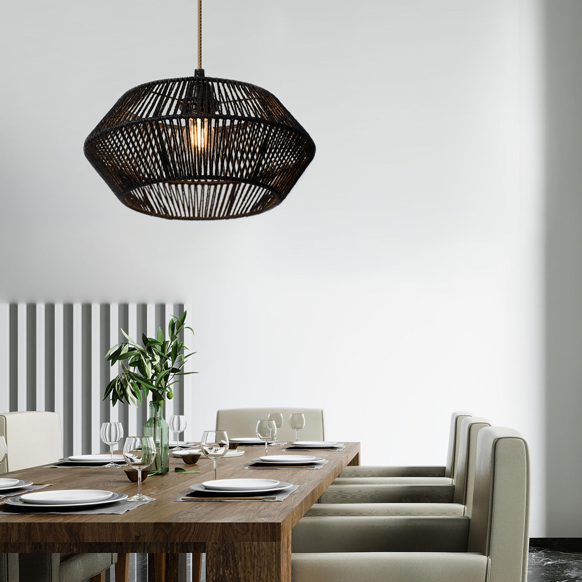 Handwoven Paper Rope Geometric Pendant Light Shade – 32 cm Modern Organic Woven Lampshade in Brown, White or Black