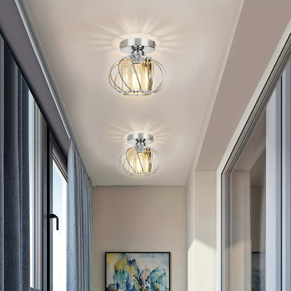 Modern Industrial Glass Cage Ceiling Light Set of 2 – Clear Glass Semi-Flush Mount in Black, Gold or Silver for Kitchen & Hallway
