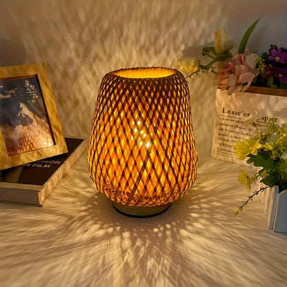 Handcrafted Woven Bamboo Bedside Lamp – Dimmable 3-Color USB Table Light with Natural Wood Base, Artisan Boho Lamp