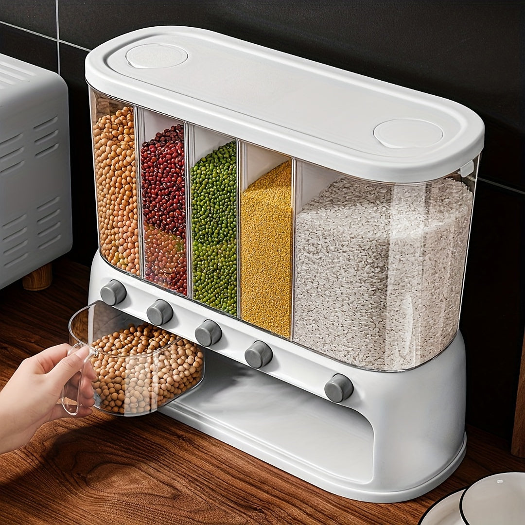 5-Compartment Airtight Grain Storage Container – Kitchen Pantry Organizer Dispenser for Rice, Beans, Cereal & Pasta with Flip Lid
