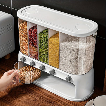 5-Compartment Airtight Grain Storage Container – Kitchen Pantry Organizer Dispenser for Rice, Beans, Cereal & Pasta with Flip Lid