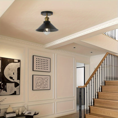 Industrial Black Semi-Flush Mount Ceiling Light – Vintage Matte Metal Fixture with Brass Details for Dining, Hallway & Cafe