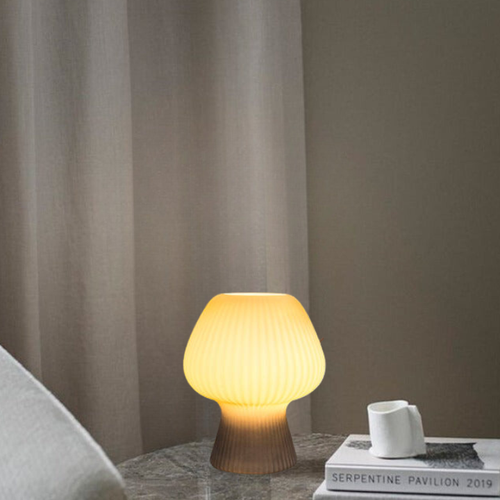 Vintage Ribbed Glass Mushroom Table Lamp – Dimmable Retro Bedside Lamp with Warm Glow for Bedroom, Desk & Reading Corner