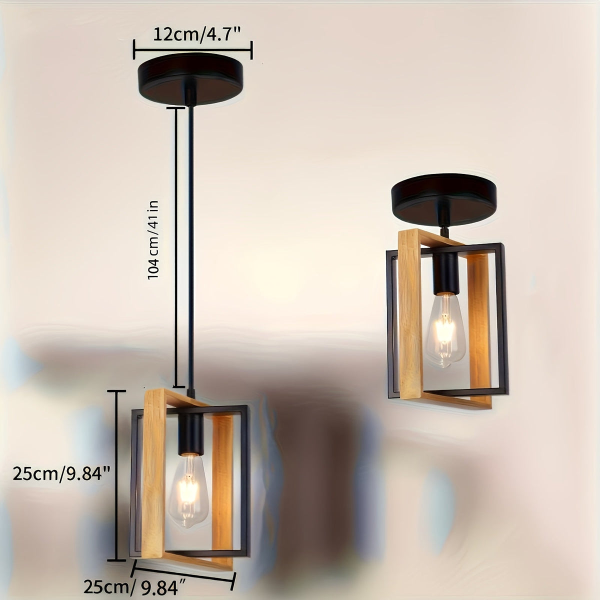 Modern Minimalist Geometric Industrial Pendant Light – Metal or Wood Frame Hanging Lamp for Kitchen Island, Dining & Cafe