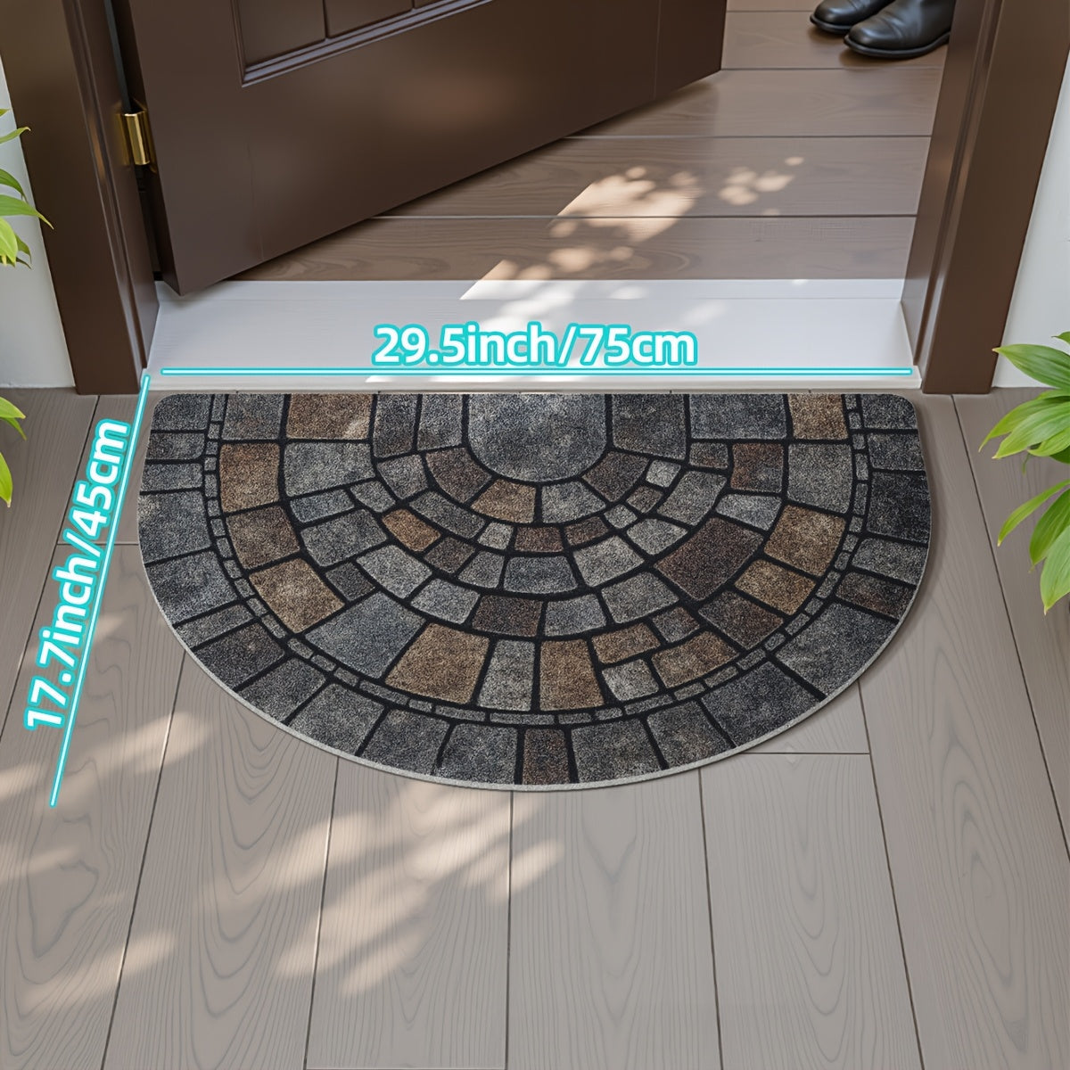 Half-Circle Mosaic Door Mat – Non-Slip Semi-Round Indoor Outdoor Entryway Rug, 100% Polyester, 45x75 or 60x90 cm