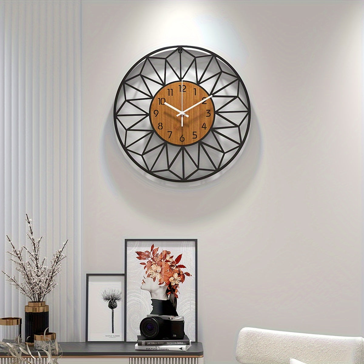 Modern Black Metal & Wood-Grain Wall Clock – Silent Non-Ticking Round Clock in 30, 34 or 40 cm for Living Room & Office